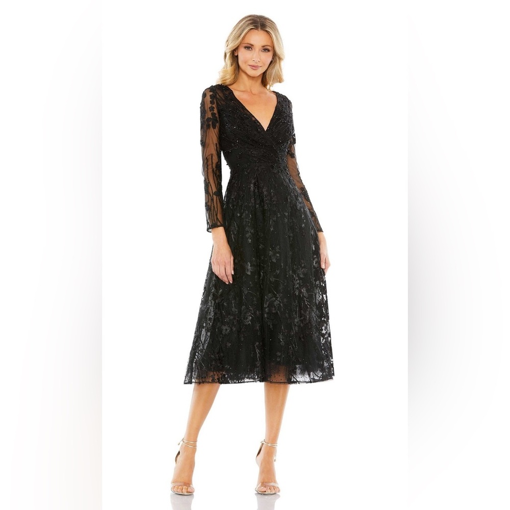 Mac Duggal 204041 Long Sleeve Floral Embellished Cocktail Dress
